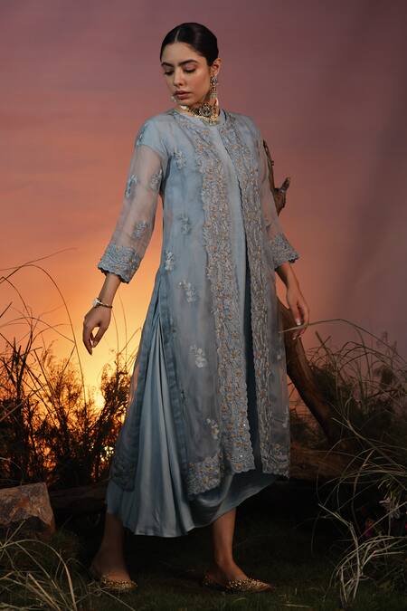 Buy_Ishram Couture_Blue Cotton, Silk Organza Beads, Embroidery Round Neck Yati Jacket With Tunic _Online_at_Aza_Fashions