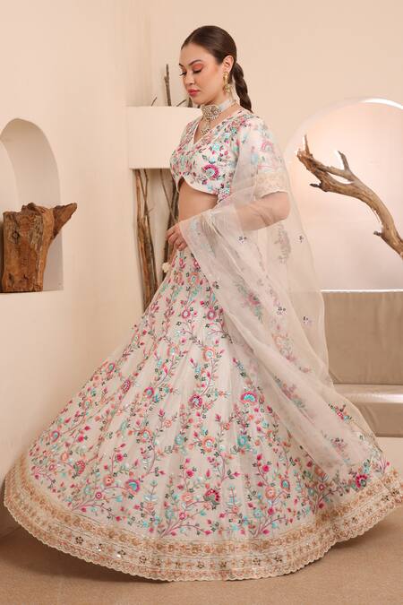 Ishram Couture_Ivory Silk Organza, Handloom Cotton Gota Patti, Akanksha Floral Lehenga Set _at_Aza_Fashions