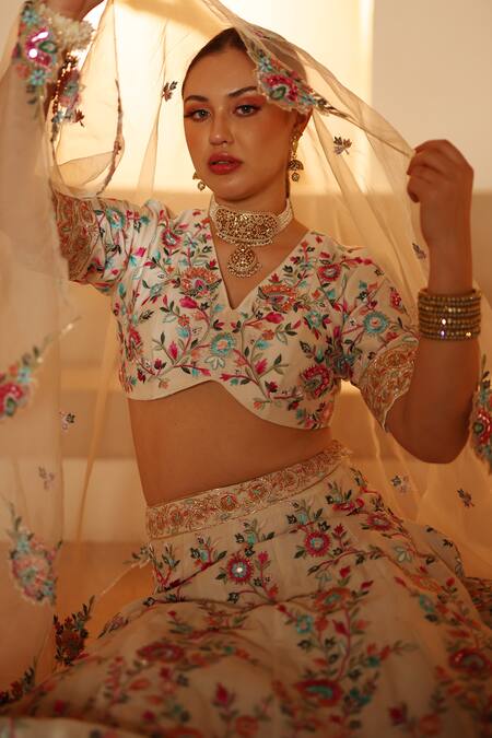 Shop_Ishram Couture_Ivory Silk Organza, Handloom Cotton Gota Patti, Akanksha Floral Lehenga Set 