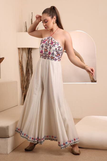Shop_Ishram Couture_Ivory Handloom Cotton, Silk Embroidery, Mirrors Halter Aman Floral Jumpsuit _Online_at_Aza_Fashions