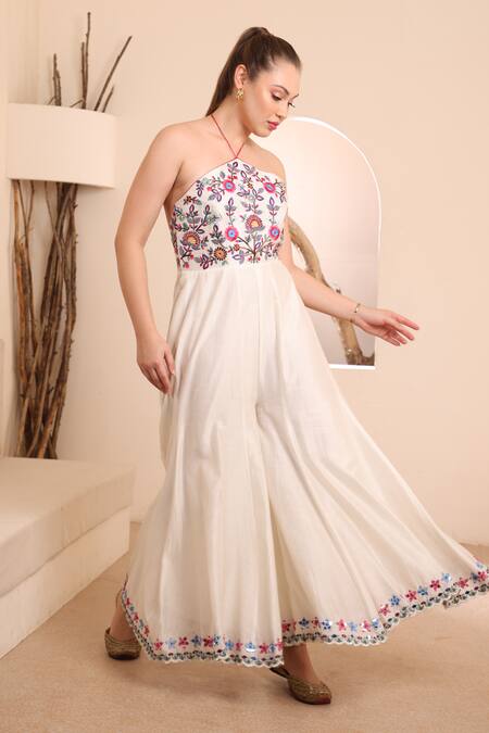 Buy_Ishram Couture_Ivory Handloom Cotton, Silk Embroidery, Mirrors Halter Aman Floral Jumpsuit 