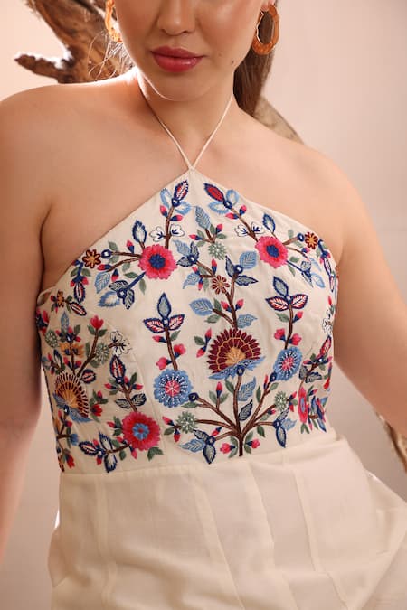 Buy_Ishram Couture_Ivory Handloom Cotton, Silk Embroidery, Mirrors Halter Kama Floral Jumpsuit _Online_at_Aza_Fashions