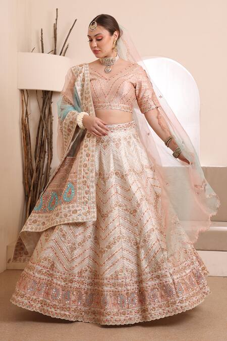 Buy_Ishram Couture_Ivory Silk Organza, Handloom Cotton Gota Patti, Moksh Floral Lehenga Set _Online_at_Aza_Fashions