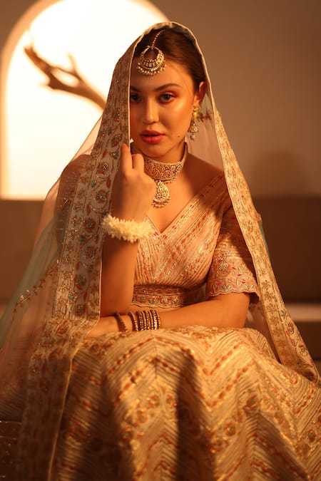 Shop_Ishram Couture_Ivory Silk Organza, Handloom Cotton Gota Patti, Moksh Floral Lehenga Set _Online_at_Aza_Fashions