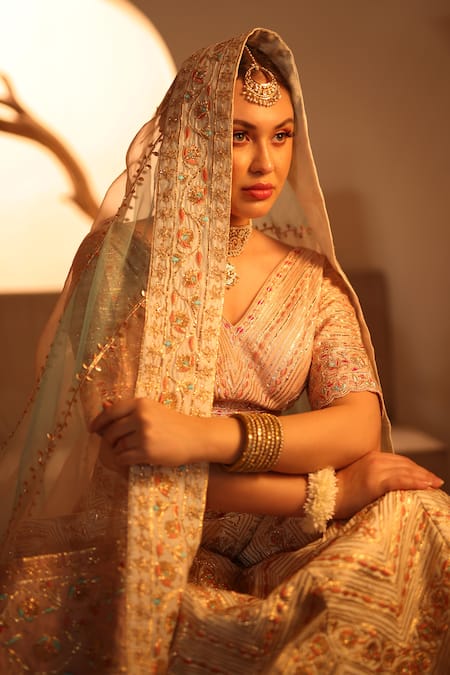 Buy_Ishram Couture_Ivory Silk Organza, Handloom Cotton Gota Patti, Moksh Floral Lehenga Set 