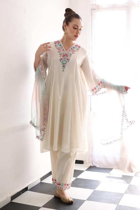 Shop_Ishram Couture_Ivory Silk Organza, Handloom Cotton Embroidery Nirav Floral Kurta Pant Set _Online_at_Aza_Fashions