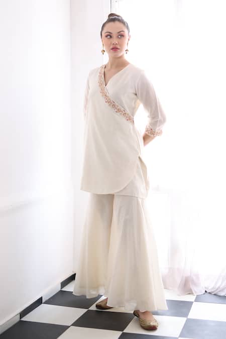 Buy_Ishram Couture_Ivory Silk Organza, Handloom Cotton Embroidery, Sukh Floral Kurta Gharara Set _Online_at_Aza_Fashions