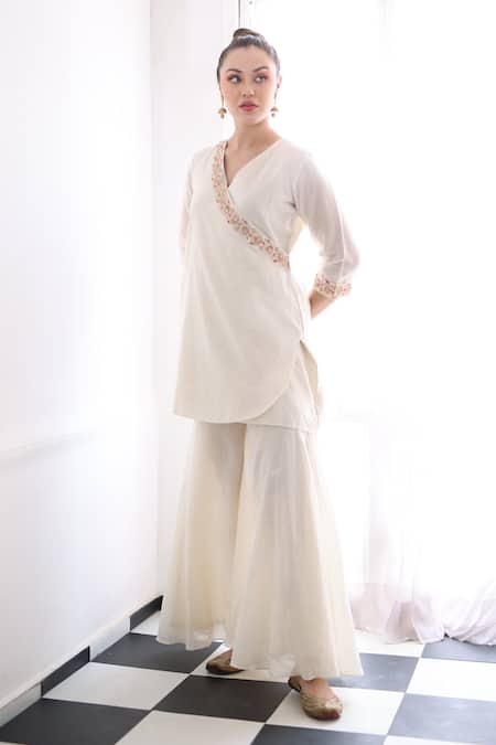 Shop_Ishram Couture_Ivory Silk Organza, Handloom Cotton Embroidery, Sukh Floral Kurta Gharara Set _Online_at_Aza_Fashions
