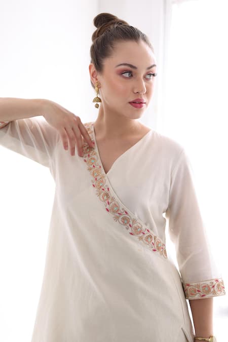 Buy_Ishram Couture_Ivory Silk Organza, Handloom Cotton Embroidery, Sukh Floral Kurta Gharara Set 