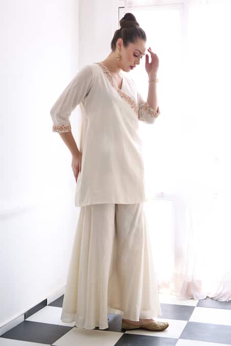 Shop_Ishram Couture_Ivory Silk Organza, Handloom Cotton Embroidery, Sukh Floral Kurta Gharara Set 
