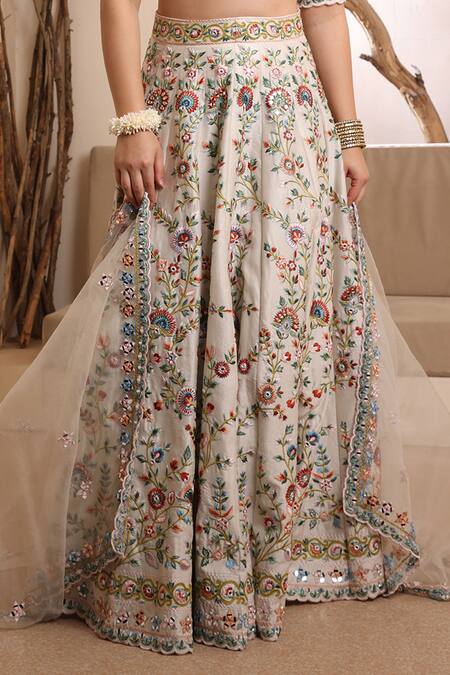 Buy_Ishram Couture_Ivory Silk Organza, Handloom Cotton Embroidery, Tamanna Floral Lehenga Set _Online_at_Aza_Fashions