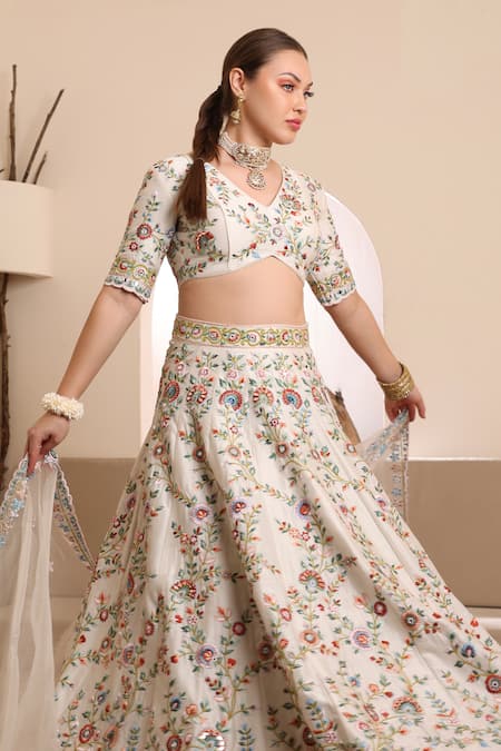 Ishram Couture_Ivory Silk Organza, Handloom Cotton Embroidery, Tamanna Floral Lehenga Set _at_Aza_Fashions