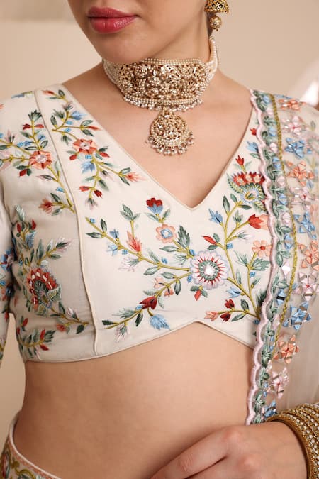Buy_Ishram Couture_Ivory Silk Organza, Handloom Cotton Embroidery, Tamanna Floral Lehenga Set 
