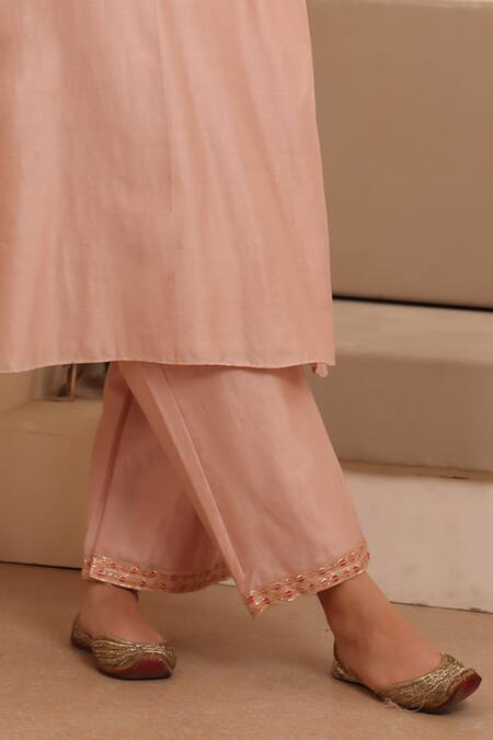 Shop_Ishram Couture_Pink Silk Organza, Handloom Cotton Gota Patti, Tushti Floral Kurta Pant Set _Online_at_Aza_Fashions