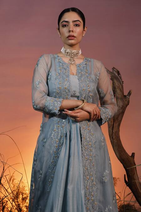 Ishram Couture Blue Silk Organza, Chanderi, Handloom Cotton Bahula Floral Lehenga And Jacket Set Online at Aza Fashions Ishram Couture_Blue Silk Organza, Chanderi, Handloom Cotton Bahula Floral Lehenga And Jacket Set _Online_at_Aza_Fashions