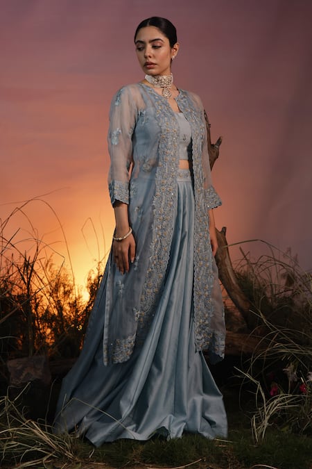 Buy_Ishram Couture_Blue Silk Organza, Chanderi, Handloom Cotton Bahula Floral Lehenga And Jacket Set _Online_at_Aza_Fashions