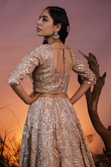 Ishram Couture_Pink Satin, Silk Organza Gota Patti Bhawani Embroidered Lehenga Set _Online_at_Aza_Fashions