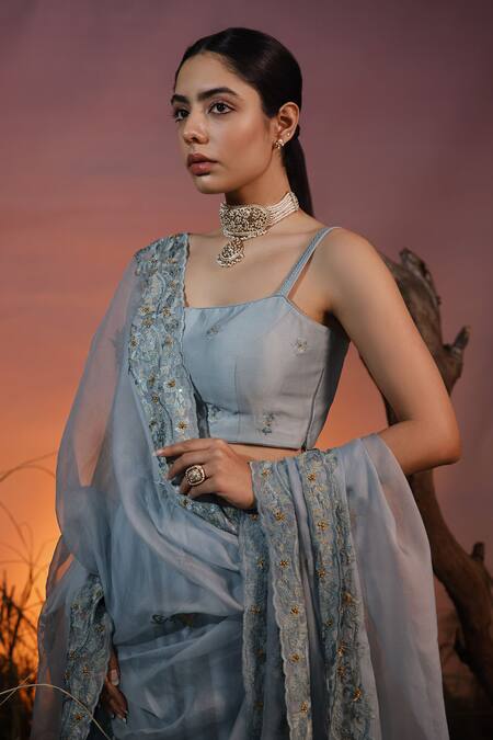 Ishram Couture_Blue Chanderi, Silk Organza, Handloom Cotton Ekanya Floral Lehenga Set _Online_at_Aza_Fashions