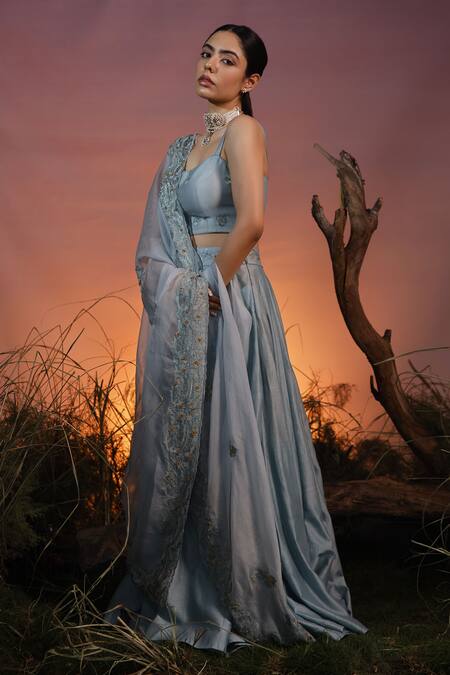 Buy_Ishram Couture_Blue Chanderi, Silk Organza, Handloom Cotton Ekanya Floral Lehenga Set _Online_at_Aza_Fashions