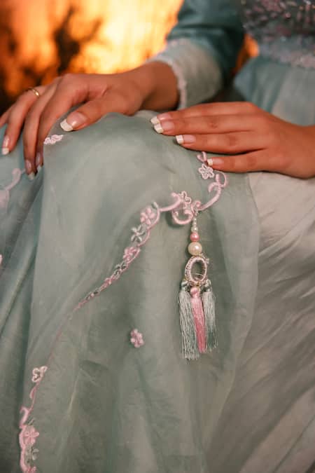 Ishram Couture_Green Chanderi, Silk Organza, Handloom Cotton Gyana Hand Anarkali With Dupatta _Online_at_Aza_Fashions