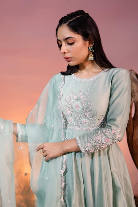 Buy_Ishram Couture_Green Chanderi, Silk Organza, Handloom Cotton Gyana Hand Anarkali With Dupatta _Online_at_Aza_Fashions