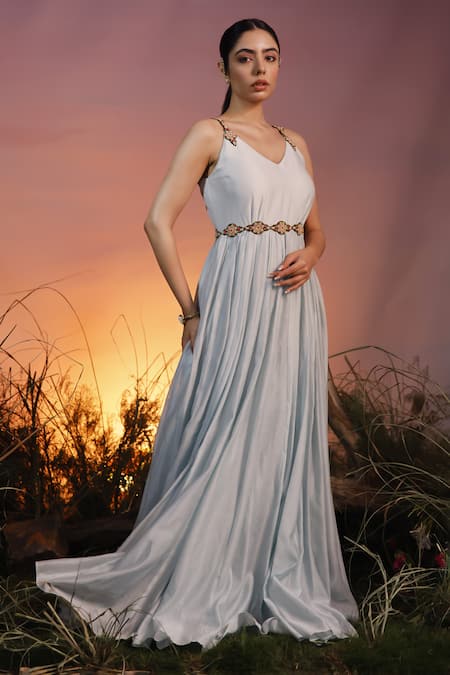 Ishram Couture_Blue Chanderi, Silk Organza, Handloom Cotton Hivara Hand Anarkali With Dupatta _Online_at_Aza_Fashions