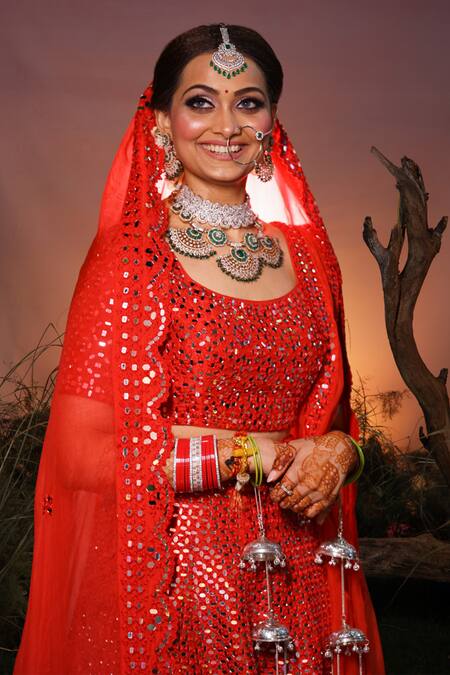 Ishram Couture_Red Organza, Mirrors, Embroidery Round Neck Manah Bridal Lehenga Set _Online_at_Aza_Fashions