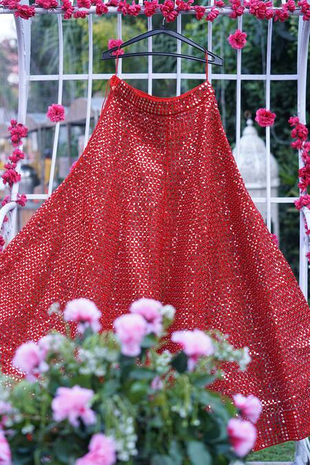 Buy_Ishram Couture_Red Organza, Mirrors, Embroidery Round Neck Manah Bridal Lehenga Set _Online_at_Aza_Fashions