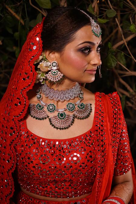 Shop_Ishram Couture_Red Organza, Mirrors, Embroidery Round Neck Manah Bridal Lehenga Set _Online_at_Aza_Fashions