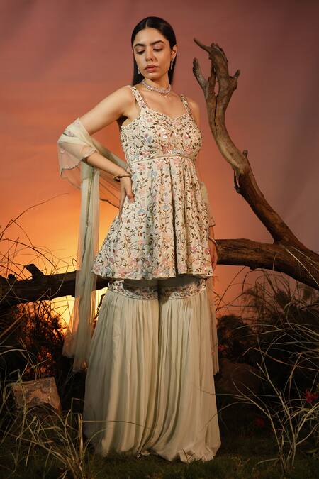 Ishram Couture_Green Silk, Georgette, Net Embroidery, Matangi Hand Peplum Kurta And Gharara Set _at_Aza_Fashions