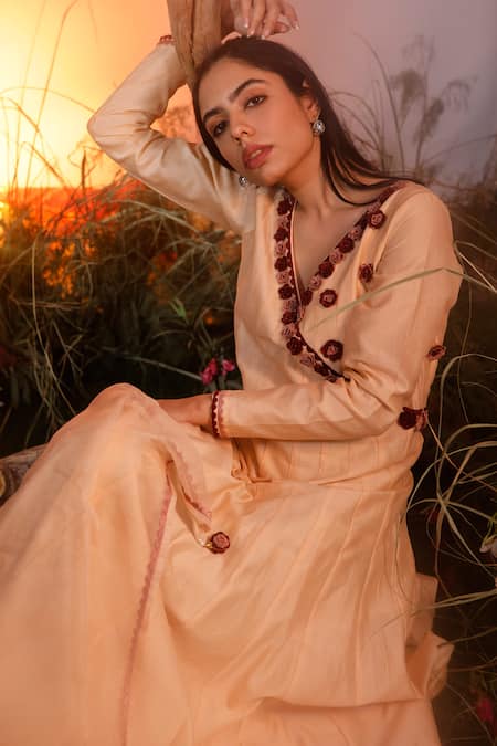 Ishram Couture_Peach Chanderi, Silk Organza, Handloom Cotton Nitya 3d Anarkali With Dupatta _Online_at_Aza_Fashions