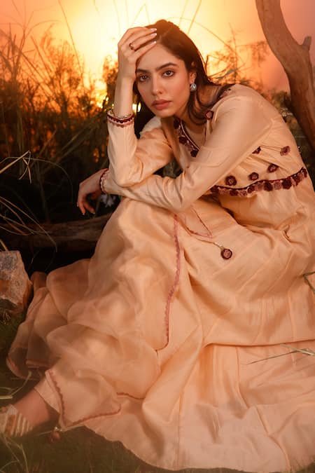 Buy_Ishram Couture_Peach Chanderi, Silk Organza, Handloom Cotton Nitya 3d Anarkali With Dupatta _Online_at_Aza_Fashions