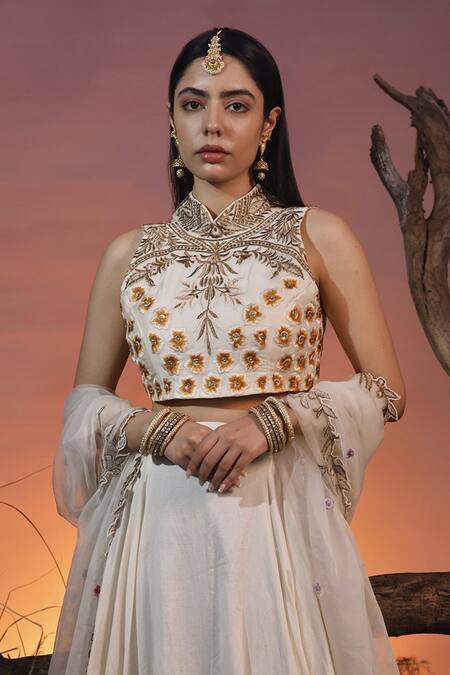Ishram Couture Ivory Chanderi, Silk Organza, Handloom Cotton Sadhvi Embroidered Lehenga Set Online at Aza Fashions Ishram Couture_Ivory Chanderi, Silk Organza, Handloom Cotton Sadhvi Embroidered Lehenga Set _Online_at_Aza_Fashions