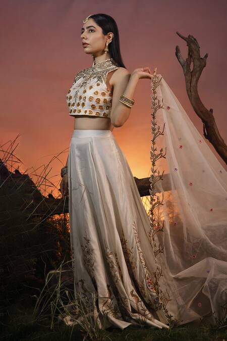 Shop_Ishram Couture_Ivory Chanderi, Silk Organza, Handloom Cotton Sadhvi Embroidered Lehenga Set _Online_at_Aza_Fashions