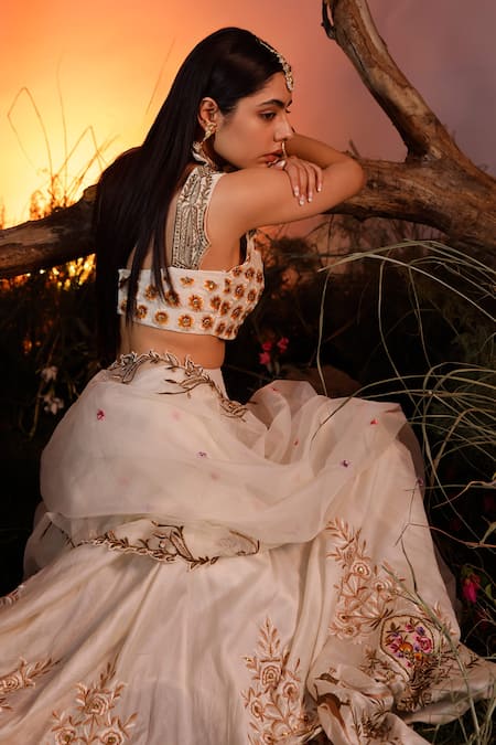 Ishram Couture_Ivory Chanderi, Silk Organza, Handloom Cotton Sadhvi Embroidered Lehenga Set _at_Aza_Fashions