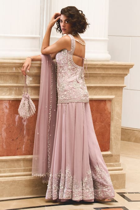 Shop Label Sanya Gulati Purple Georgette, Linen Crystals, Tassels, Cut Work, Dori Kurta Sharara Set at Aza Fashions Shop_Label Sanya Gulati_Purple Georgette, Linen Crystals, Tassels, Cut Work, Dori Kurta Sharara Set _at_Aza_Fashions