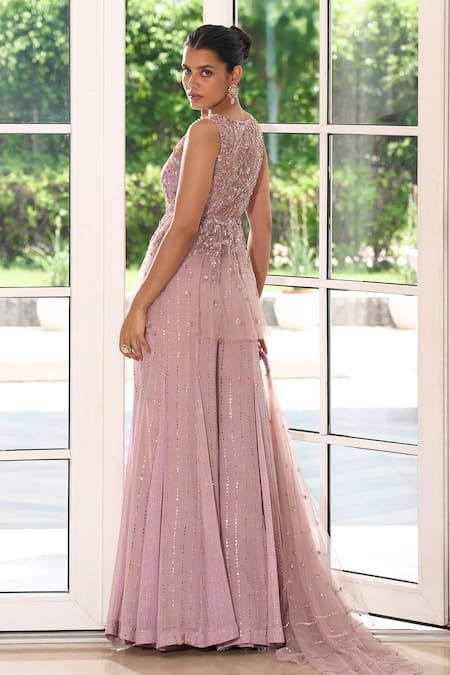 Shop Label Sanya Gulati Purple Georgette Sequins, Beads, Cut Work Embroidered Peplum Jacket Palazzo Set Online at Aza Fashions Shop_Label Sanya Gulati_Purple Georgette Sequins, Beads, Cut Work Embroidered Peplum Jacket Palazzo Set _Online_at_Aza_Fashions