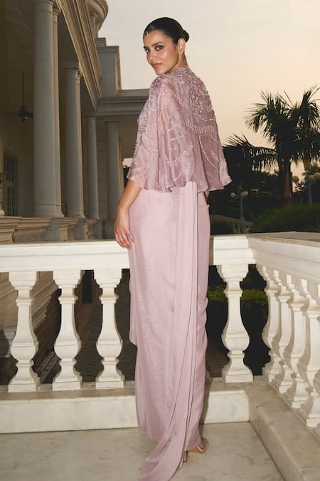Shop_Label Sanya Gulati_Purple Georgette, Silk Sequins, Pre-draped Saree Set With Embroidered Cape _at_Aza_Fashions