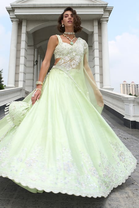 Buy_Label Sanya Gulati_Green Silk Sequins, Zari, Beads, Floral Jaal Border Embroidered Lehenga Set _Online_at_Aza_Fashions