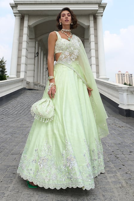 Label Sanya Gulati Green Pure Raw Silk Embroidery Dori Sweetheart Floral Jaal Border Lehenga Set 