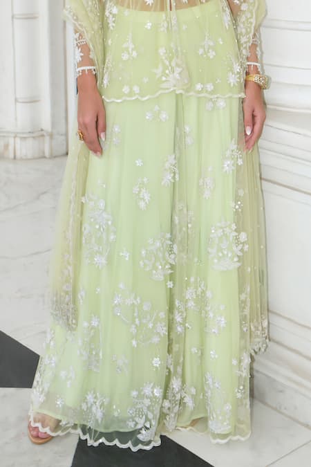Label Sanya Gulati Green Net, Linen Cut Work, Embroidery, Sequins, Floral Peplum Kurta Sharara Set Online at Aza Fashions Label Sanya Gulati_Green Net, Linen Cut Work, Embroidery, Sequins, Floral Peplum Kurta Sharara Set _Online_at_Aza_Fashions
