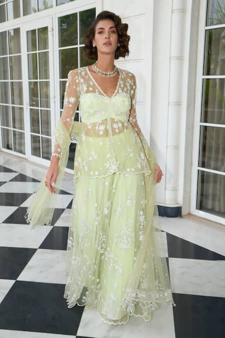 Buy Label Sanya Gulati Green Net, Linen Cut Work, Embroidery, Sequins, Floral Peplum Kurta Sharara Set Online at Aza Fashions Buy_Label Sanya Gulati_Green Net, Linen Cut Work, Embroidery, Sequins, Floral Peplum Kurta Sharara Set _Online_at_Aza_Fashions