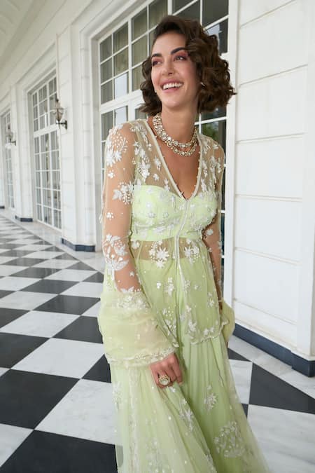 Shop Label Sanya Gulati Green Net, Linen Cut Work, Embroidery, Sequins, Floral Peplum Kurta Sharara Set Online at Aza Fashions Shop_Label Sanya Gulati_Green Net, Linen Cut Work, Embroidery, Sequins, Floral Peplum Kurta Sharara Set _Online_at_Aza_Fashions