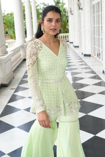 Label Sanya Gulati Green Georgette, Linen Sequins, Beads, Embroidered Peplum Kurta Sharara Set Online at Aza Fashions Label Sanya Gulati_Green Georgette, Linen Sequins, Beads, Embroidered Peplum Kurta Sharara Set _Online_at_Aza_Fashions
