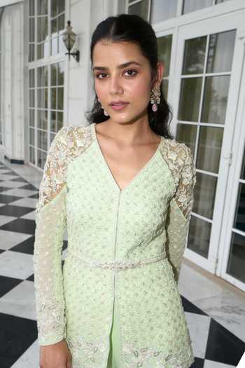 Buy Label Sanya Gulati Green Georgette, Linen Sequins, Beads, Embroidered Peplum Kurta Sharara Set Online at Aza Fashions Buy_Label Sanya Gulati_Green Georgette, Linen Sequins, Beads, Embroidered Peplum Kurta Sharara Set _Online_at_Aza_Fashions