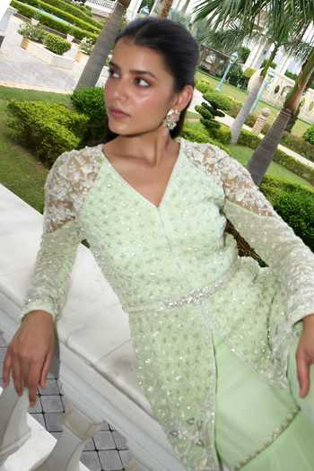 Shop Label Sanya Gulati Green Georgette, Linen Sequins, Beads, Embroidered Peplum Kurta Sharara Set Online at Aza Fashions Shop_Label Sanya Gulati_Green Georgette, Linen Sequins, Beads, Embroidered Peplum Kurta Sharara Set _Online_at_Aza_Fashions
