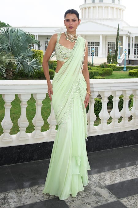 Label Sanya Gulati Stripe Border Embroidered Pre-Draped Saree With Blouse 