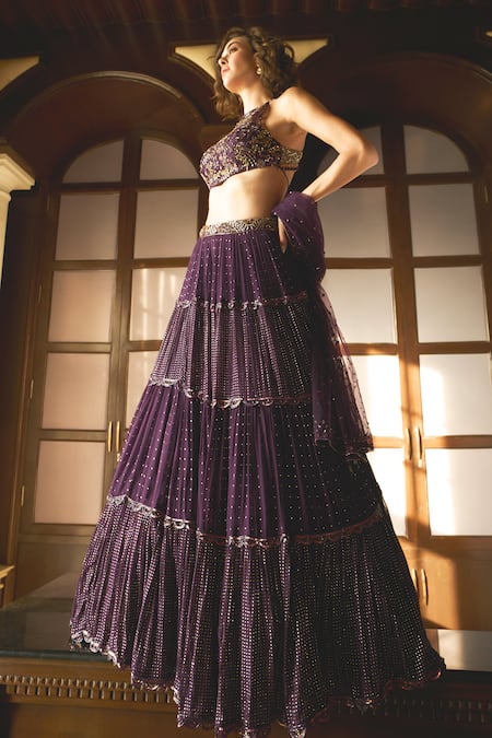 Label Sanya Gulati_Purple Net, Georgette Sequins, Beads Mukaish Embroidered Tiered Lehenga Set _Online_at_Aza_Fashions