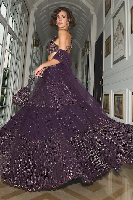 Label Sanya Gulati_Purple Net, Georgette Sequins, Beads Mukaish Embroidered Tiered Lehenga Set _at_Aza_Fashions
