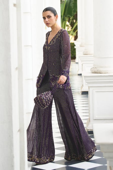 Label Sanya Gulati_Purple Muslin Beads, Sequins V-neck Mukaish Work Kurta And Flared Pant Set _Online_at_Aza_Fashions